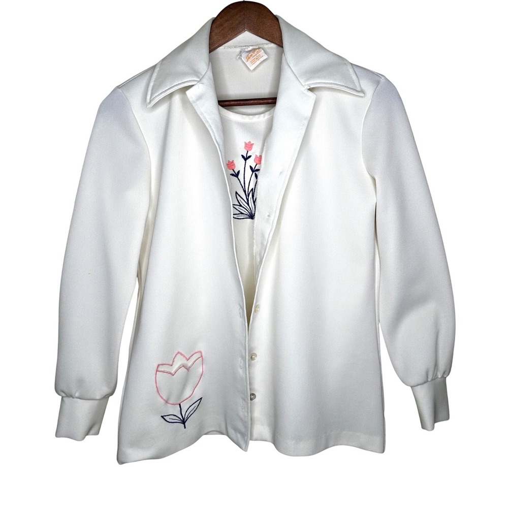 Vintage Jane Holly 70s Embroidered Tulip Shirt Jacket & Shell Set white ILGWU 12